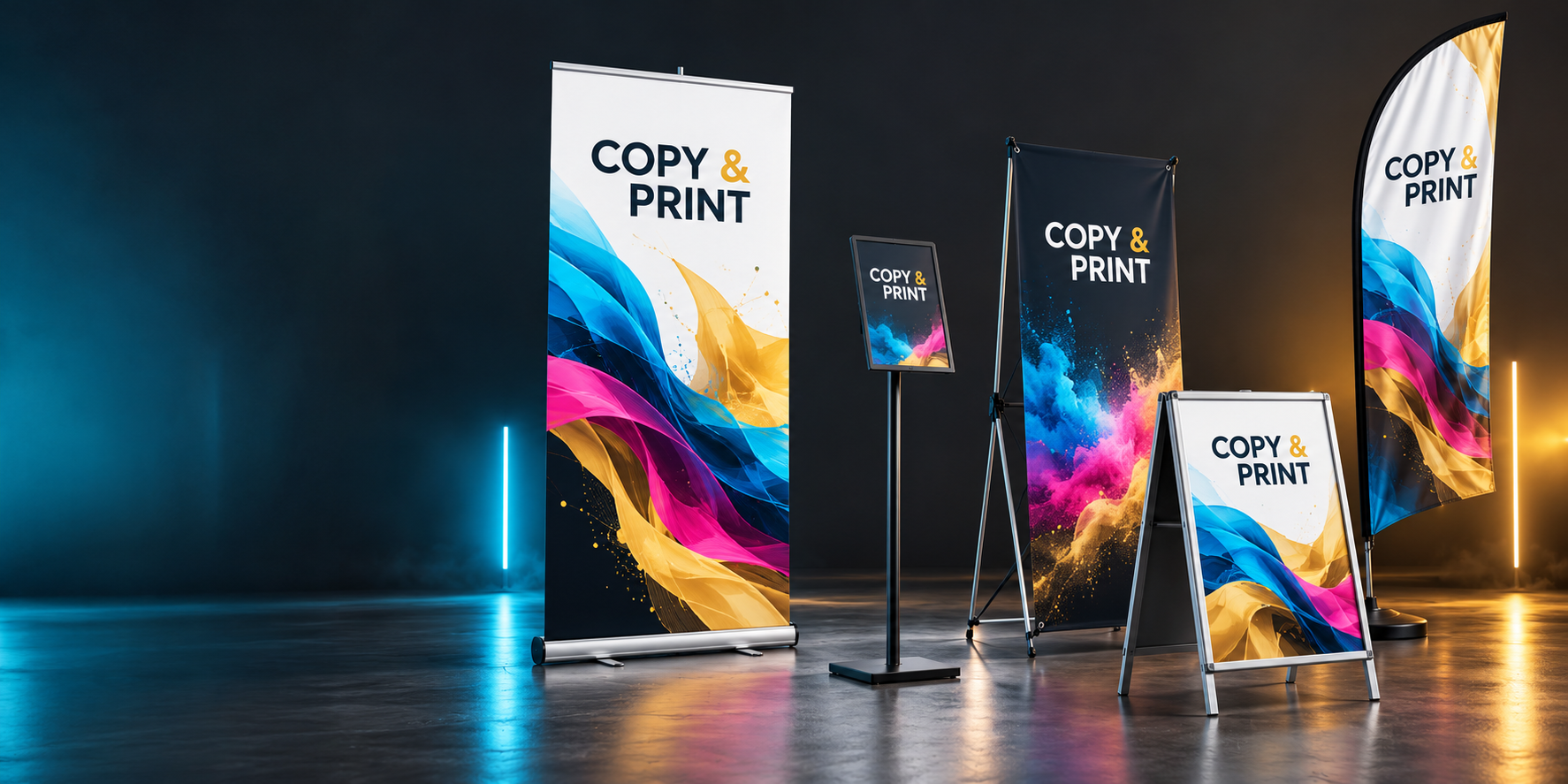 Roll-up, X-banner, floor stand, A-board και διαφημιστικές σημαίες Copy and Print